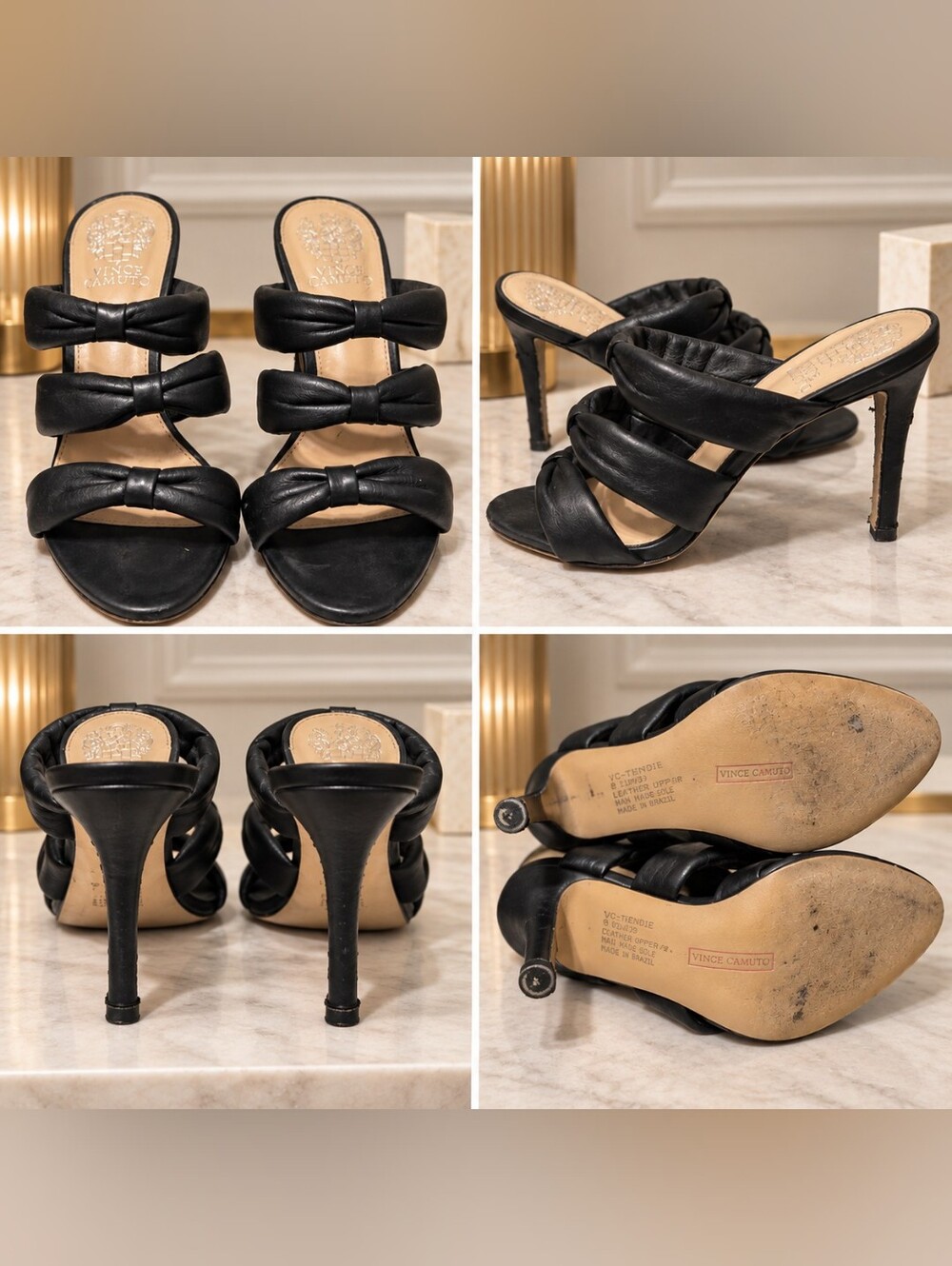 Vince Camuto Black Leather Bow Heeled Mules – Size 8.5M